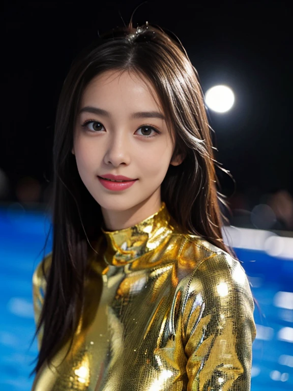 Latex bodysuit、Knee-high boots、Huge 、Long brown hair、Shiny, Oily skin、Glowing Skin、Indoor competition pool、White skin、 Body Portrait, 8k, Narrow and beautiful eyes, Dindal effect, masterpiece, 最high quality, high quality, High resolution, Very detailed photos, (Natural skin texture, Fine skin, Hyperrealism, Ultra Sharpness) , Skin with attention to detail, (Very fine, Fine skin texture, Intricate details, Beautiful Face, (A vivid face), Realistic eyes, Beautiful and detailed, Realistic Skin, Beautiful Skin, surreal, Very detailed, Golden Ratio, Smiling Eyes, ((Night moonlight background)), Body Portrait, glamorous, Shiny Bodysuit