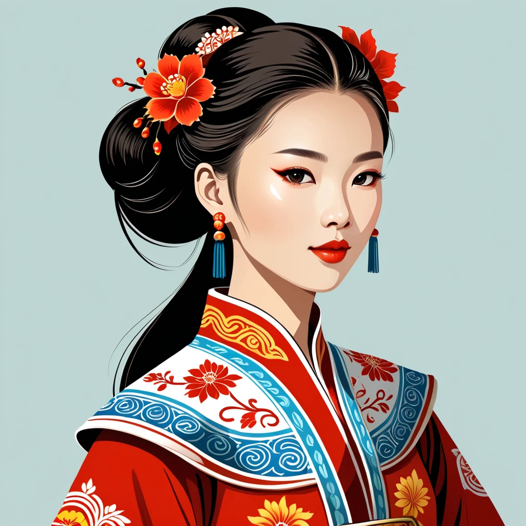 woman in china folk outfit, vector graphics, strong contours