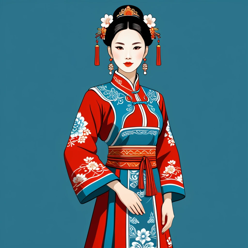woman in china folk outfit, vector graphics, strong contours
