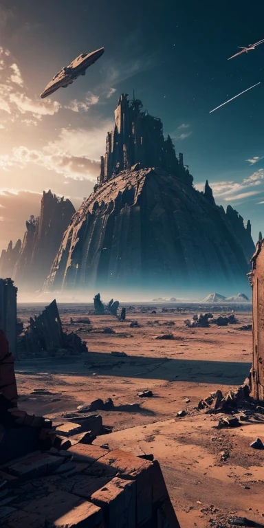 A desolate landscape with crumbling planets and a shattered sky, featuring a celestial beast with shattered wings.