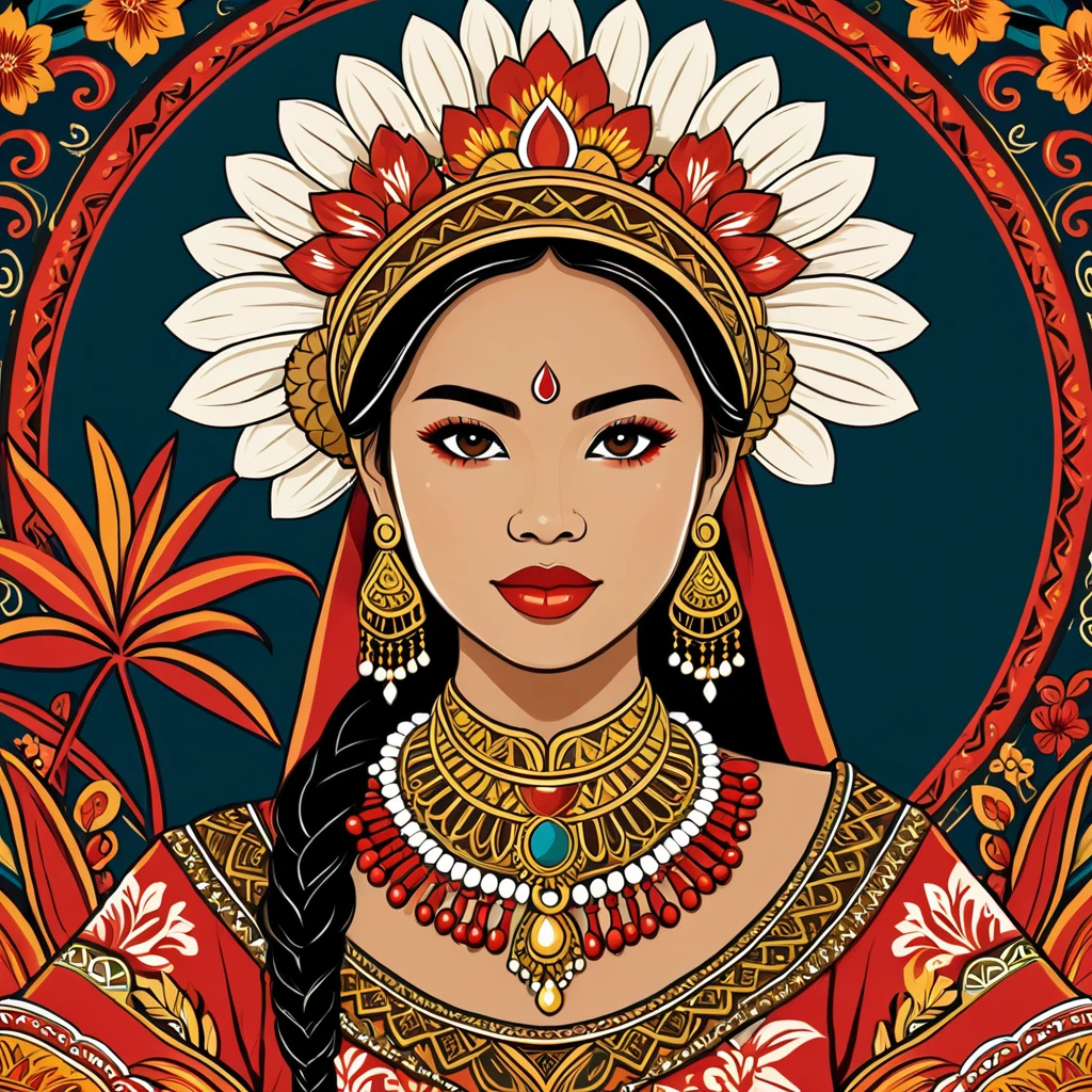 woman in indonesia folk outfit, vector graphics, strong contours