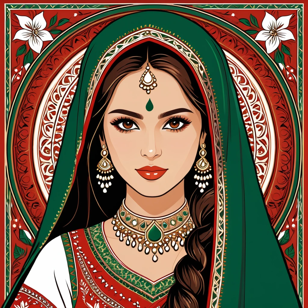 woman in pakistan folk outfit, vector graphics, strong contours