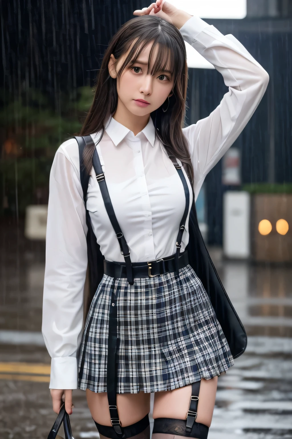 1 female, , high quality, masterpiece, Ultra-high resolution, Cinema Lighting, 1 female, , high quality, masterpiece, Ultra-high resolution, , Cinema Lighting, suspenders　　　Moderate breasts　 　 　　　　　 　　　　Small face　 　　　　　　　　　　　Looking up　　　　Sweat 　　　Thin belt　buzzer　脇Sweat 　　　　 　Garter belt　　Belt on pants　　holster　 　　Hands behind your back　 　Looking up　Anxious face　Knee-high　Knee socks　Knee-highソックス 　garter　ふとももにGarter belt　Checkered mini skirt　 　　Panty shot　Skirt gap Armament　　　holster　holster 　　Hands behind your back　 Anxious expression　　Anxious face, legs apart　Armament　　Leg holster　holster　See-through clothing　heavy rain　Rain-soaked dress shirt,