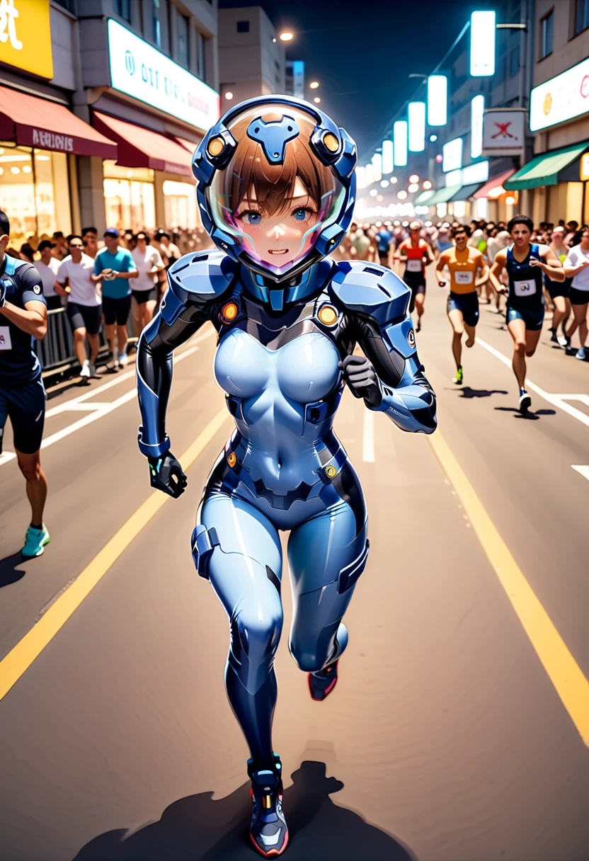 short hair, pink hair, street, emo,pink eyes, eyeliner, fortified suit, ((blue:1.5) plugsuit), short hair, (running fast:1.6),sweaty,clenched teeth,marathon event,looking ar forward,1), short hair, bangs, blue eyes, brown hair, blue bodysuit, bubble helmet space helmet,
