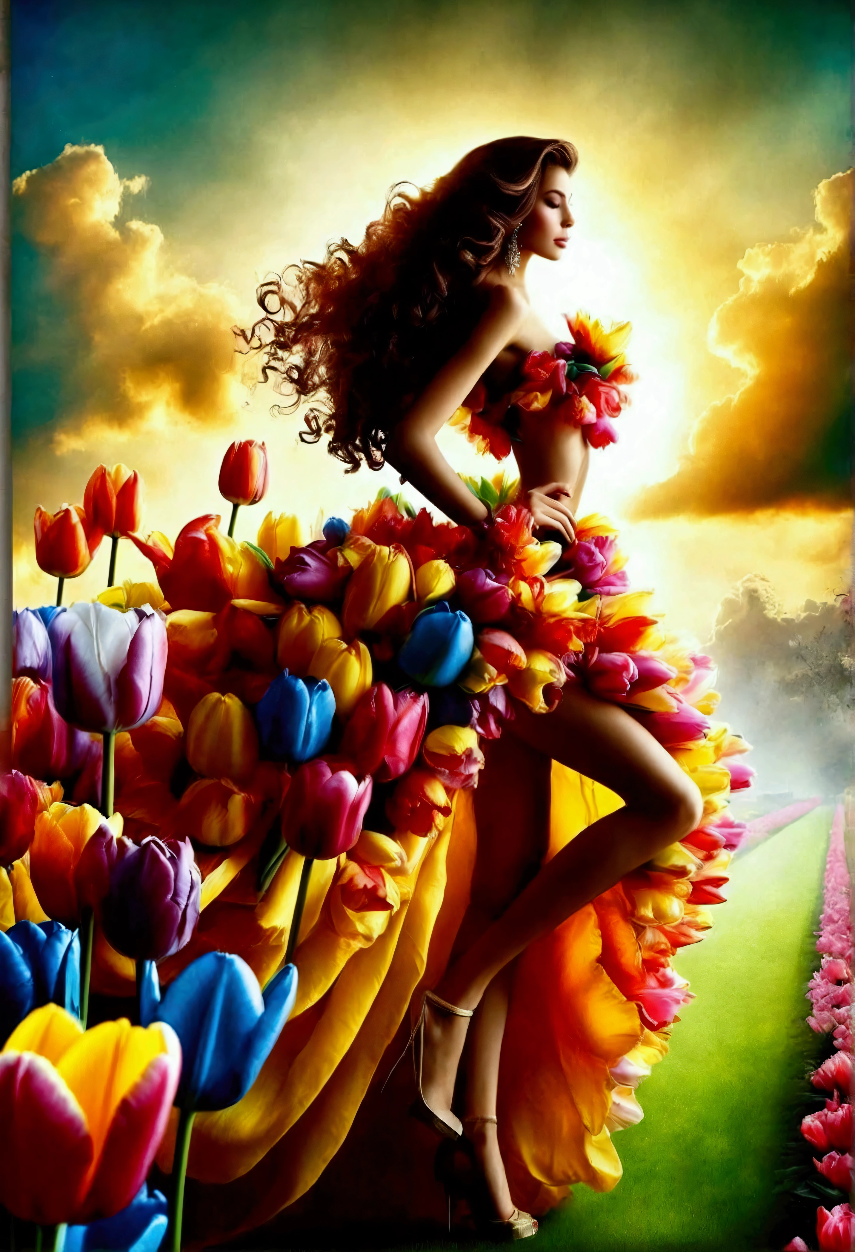 Beautiful woman, long hair, loose curls, graceful pose, the dress made of tulips, tulips in 10 colours, vibrant colours, silhouette flowing along body, graceful pose, flower garden, mysterious atmosphere, detailed petals, graceful, elegant, flower garden, sky, clouds, sophisticated, digital art, artwork, HDR, Masterpiece, Best Quality, high Detailes, 8K