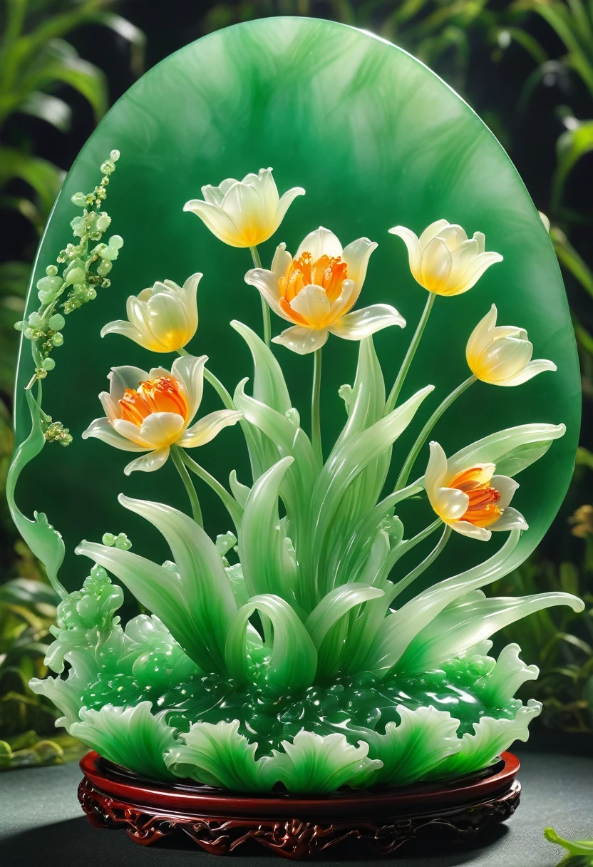 best quality, very good, 16K, ridiculous, Very detailed, Gorgeous((tulip)))，Made of translucent jadeite, Background grassland（（A masterpiece full of fantasy elements）））， （（best quality））， （（Intricate details））（8K）