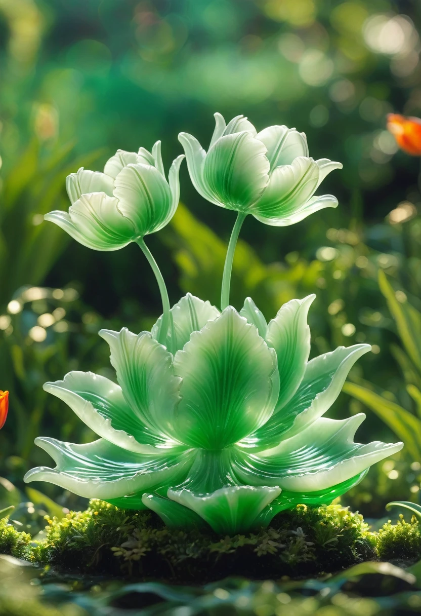 best quality, very good, 16K, ridiculous, Very detailed, Gorgeous((tulip)))，Made of translucent jadeite, Background grassland（（A masterpiece full of fantasy elements）））， （（best quality））， （（Intricate details））（8K）