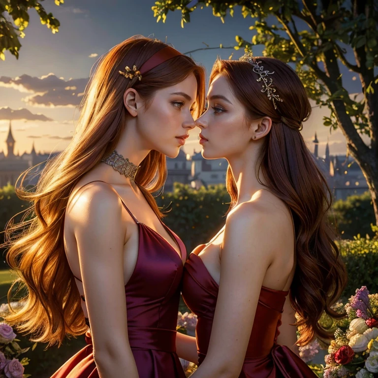 (masterpiece, best quality:1.5), highest quality, High resolution, super detailed, Realists, Upper body photo of the red-haired princess, detailed and beautiful eyes, beautiful detailed lips, very detailed eyes and face, longeyelashes, Princess in shiny satin royal dress, Beautiful and colorful makeup, Long braided ponytail hairstyle, elegant and noble々Pose,shiny crown and jewels, Royal gardens as background, soft daylight, bright colors, fine brushstrokes, Portrait style, Noble details in the dress fabric, beautiful color palette, glowing skin, First-class rendering, that captures every detail, enchanting atmosphere, subtle shadows and lights, (perfect anatomy:1.2), (Two stunning princesses are deeply in love:1.4), (kiss:1.2), (magnificent panorama view:1.2)