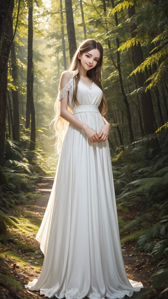 Create 64k photos of beautiful forest scenes. Bathed in a soft, gentle light, a beautiful young woman, white skin, long hair, slender figure, wearing a white dress., Smiling softly