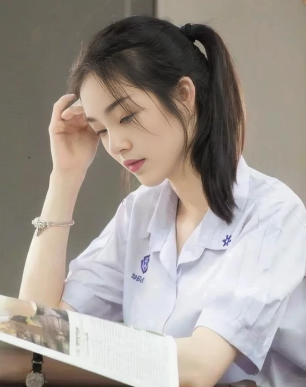 arafed woman sitting at a table reading a book, student, girl wearing uniform, sakimichan, xintong chen, wearing school uniform, anime thai girl, korean girl, dilraba dilmurat, wearing a school uniform, dang my linh, wenfei ye, nivanh chanthara, ruan jia beautiful!, cai xukun