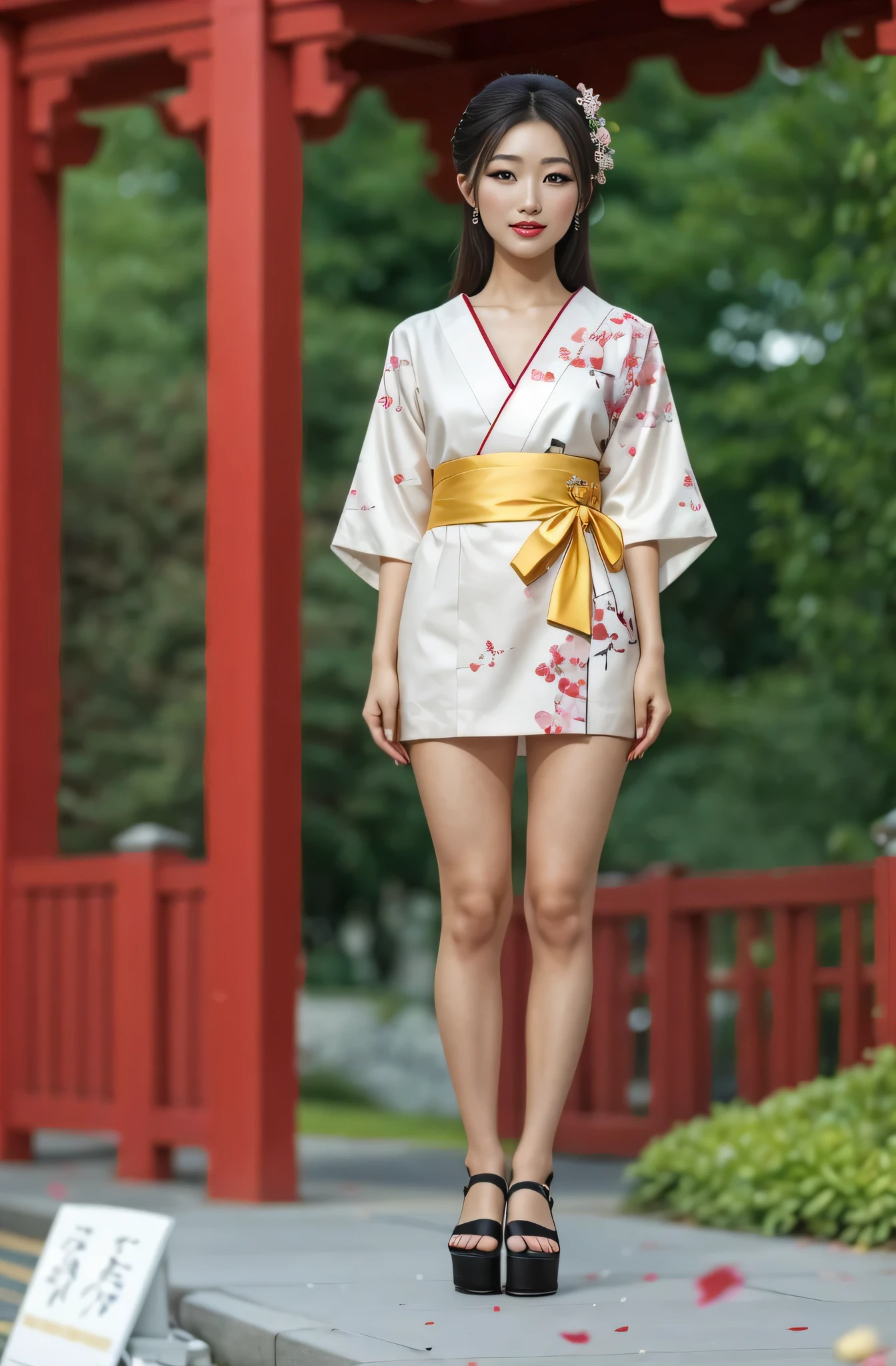 A geisha stands gracefully under the cherry blossoms, There are a lot more, Many red cherry blossom petals fall one after another, White base makeup on girl&#39;s face without any highlight or shadow decoration. All-white makeup covering face and neck. Red lip makeup is a small mouth that is smaller than the normal lip area. Thick eyeliner can emphasize the eye contour, Strengthen eyes, Pupils appear dark and deep. One-line eyebrows are eye-catching without being harsh, And the whole face is clean. Typical Japanese Geisha makeup, Wearing a gorgeous kimono embroidered with black and gold cherry blossoms, This is a long-sleeved kimono, Wearing Japanese clogs, background: under the sunset, Many red cherry blossom petals fall one after another, deep pink and blue, Realistic depiction of light and shadow, Real and exaggerated photos, super high quality, Super detailed details, movie shot, shallow view deep, A geisha stands gracefully under the cherry blossoms, There are a lot mo, blonde hair, seductive smile, Surrealism, Realism, Realism, UHD, retina, masterpiece, accurate, anatomically correct, textured skin, super detail, high details, high quality, award winning, best quality, highres, HD, UHD, retina, masterpiece, accurate, anatomically correct, textured skin, super detail, high details, high quality, award winning, best quality, highres, HD