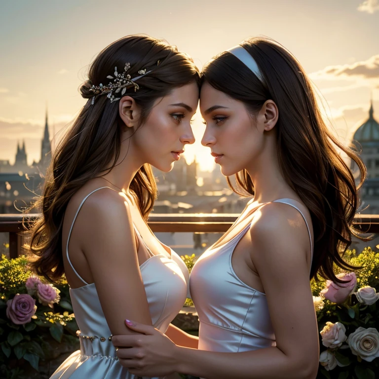 (masterpiece, best quality:1.5), highest quality, High resolution, super detailed, Realists, Upper body photo of brunette woman, detailed and beautiful eyes, beautiful detailed lips, very detailed eyes and face, longeyelashes, Woman in shiny satin tank top, Beautiful and colorful makeup, elegant and noble々Pose,shiny satin headband, Grind, Holding flowers, Gardens as background, soft daylight, bright colors, fine brushstrokes, Portrait style, Noble details in the dress fabric, beautiful color palette, glowing skin, First-class rendering, that captures every detail, enchanting atmosphere, subtle shadows and lights, (perfect anatomy:1.2), (The two stunning women are deeply in love:1.4), (kiss:1.2), (magnificent panorama view:1.2)