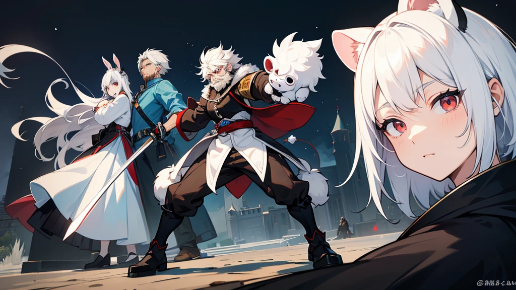 Against the background of an old castle at night、Three characters standing。In the center is、A human male character in his 30s is standing。His muscular build。Face with short black hair and blue eyes、He has a beard and is carrying a large sword.。On the right、A rabbit character is standing。Her body is smooth and furry、Has long white hair and red eyes。On the left、Panda character standing。His body is thin、He has short brown hair and brown eyes.。