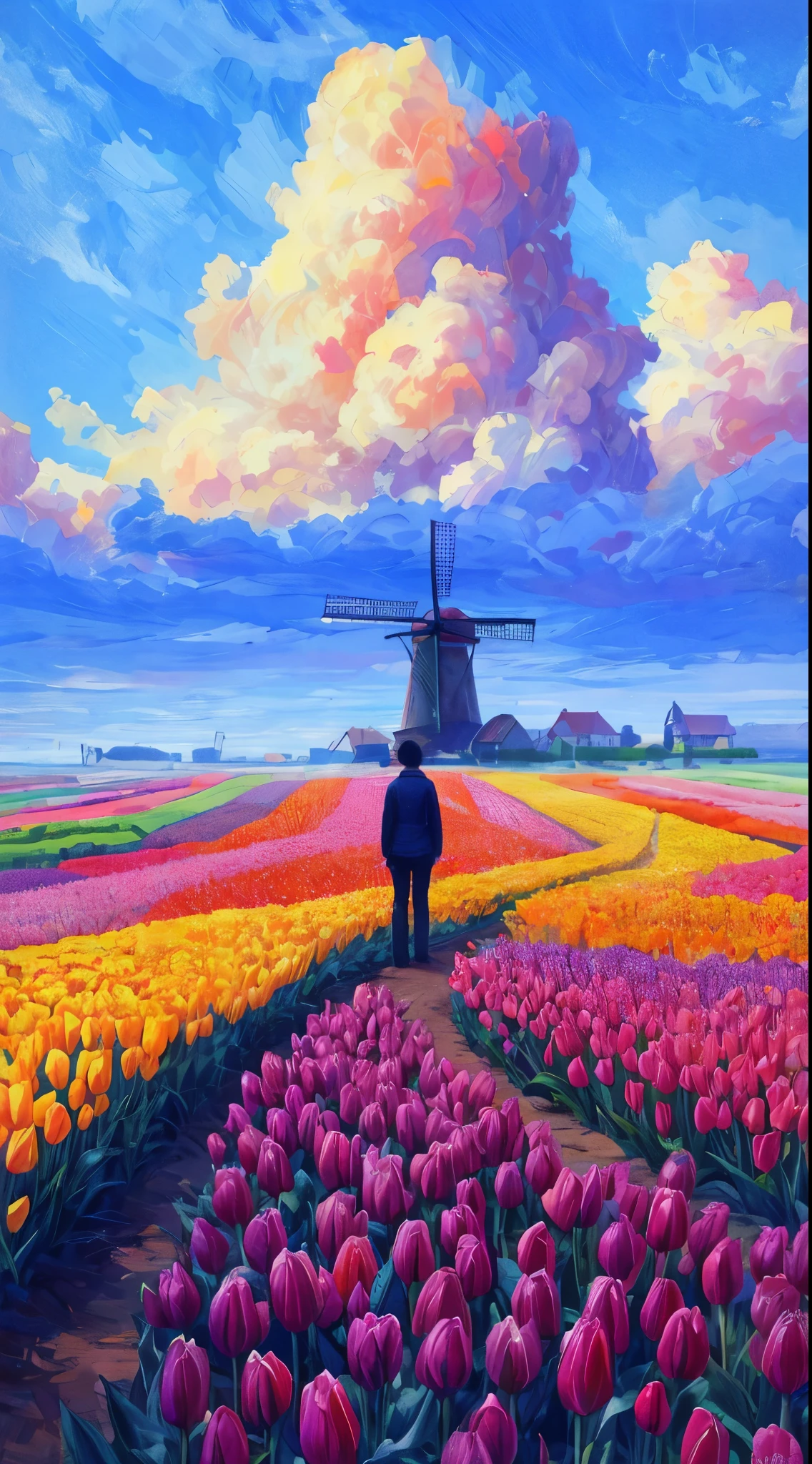 a farmer standing in the middle of a colorful rows of tulips, windmill in the distance, anime illustration, photorealistic, oil painting