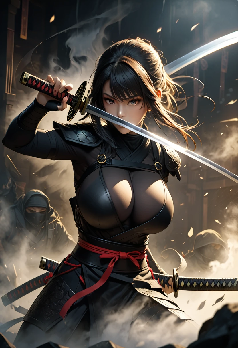 1 ninja girl, big breast, amazing pose, detailed face, intricate armor, katana sword, dynamic action pose, dramatic lighting, dark fantasy, cinematic composition, volumetric fog, realistic rendering, 8k, high quality, masterpiece
