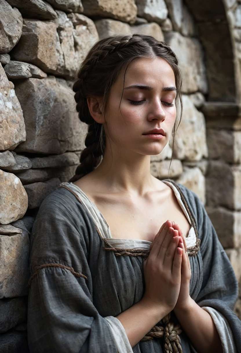 8K quality, ultra-high definition, realistic, medieval Europe, a young woman in poor, shabby clothes, beautiful, intelligent eyes, brunette hair tightly braided and tied up, slim, small breasts, praying in front of the stone wall of an old stone church, the sky is overcast, black clouds, it is gloomy even though it is daytime, the woman praying has long eyelashes lowered, her beautiful face is stained with soot, her skin is dry and dull, the shadows are deep, a ray of light in the background, she is surrounded by the light of hope, her face is detailed, the details of her clothes and light are drawn in detail,