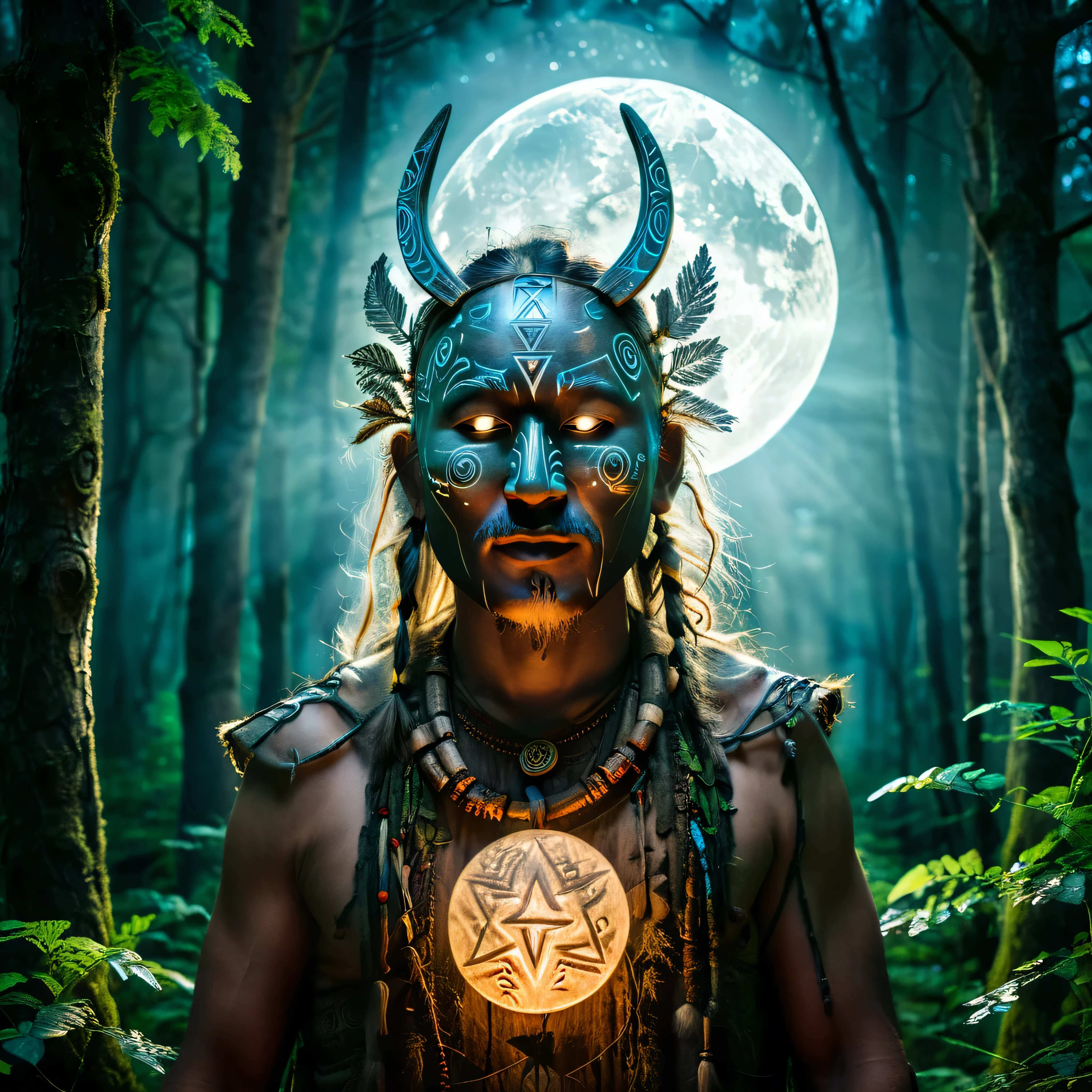 A mystic shaman wearing a mask carved from ancient wood, covered in glowing runes, standing in a dark forest under the full moon, as he channels the spirits of the forest, the mask glowing with ethereal light, cinematic and mystical atmosphere