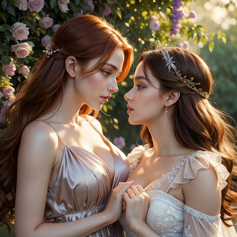 (masterpiece, best quality:1.5), highest quality, High resolution, super detailed, Realists, Upper body photo of red-haired woman, detailed and beautiful eyes, beautiful detailed lips, very detailed eyes and face, longeyelashes, Woman in evening dress made of shiny satin fabric, Beautiful and colorful makeup, elegant and noble々Pose,shiny satin headband, Grind, holding flowers, Gardens as background, soft daylight, bright colors, fine brushstrokes, Portrait style, Noble details in the dress fabric, beautiful color palette, glowing skin, First-class rendering, that captures every detail, enchanting atmosphere, subtle shadows and lights, (perfect anatomy:1.2), (The two stunning women are deeply in love, touch each other on the chest:1.4), (kiss:1.2), (magnificent panorama view:1.2)