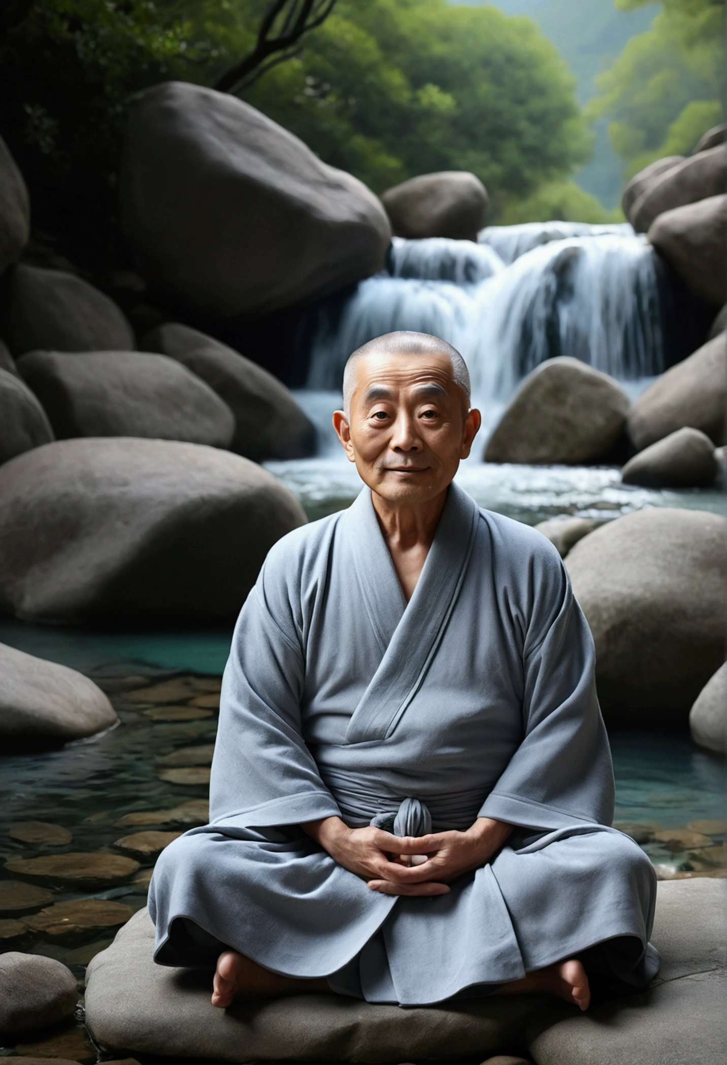 Imagine a Zen old man, Gray robe, big eyes, Smile and meditate, Facing the camera, Full body image, protrait photo, The background is alpine flowing water, Chinese style, detail, Movie Lighting, High quality--ar 3:4[picture], 。.。.。.。.3d, Surrealism, Movie Lightinging, Ultra HD, 超级detail, Textured Skin, Ultra HD, precise, Textured Skin, 高detail