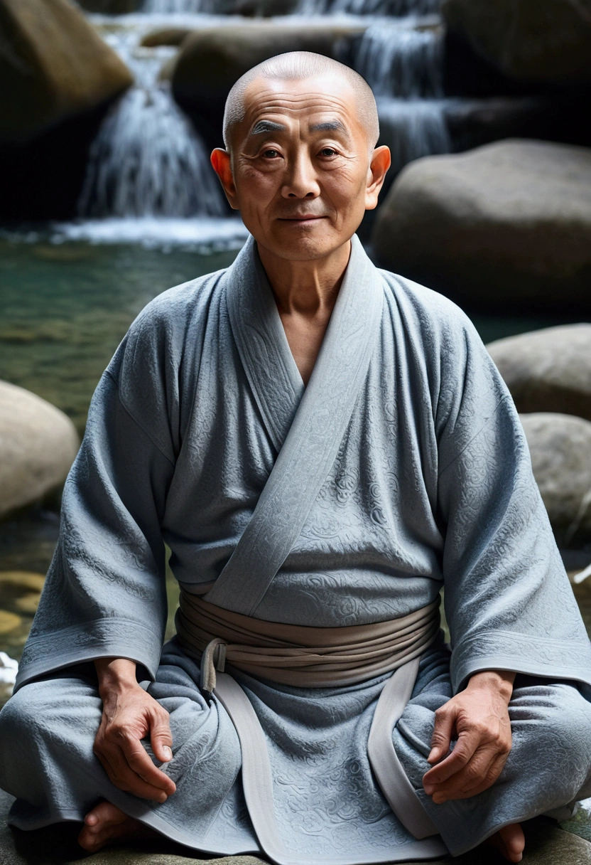 Imagine a Zen old man, Gray robe, big eyes, Smile and meditate, Facing the camera, Full body image, protrait photo, The background is alpine flowing water, Chinese style, detail, Movie Lighting, High quality--ar 3:4[picture], 。.。.。.。.3d, Surrealism, Movie Lightinging, Ultra HD, 超级detail, Textured Skin, Ultra HD, precise, Textured Skin, 高detail