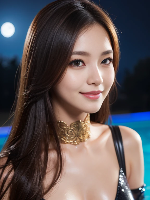Latex bodysuit、Knee-high boots、Huge 、Long brown hair、Shiny, Oily skin、Glowing Skin、Indoor competition pool、White skin、 Body Portrait, 8k, Narrow and beautiful eyes, Dindal effect, masterpiece, 最high quality, high quality, High resolution, Very detailed photos, (Natural skin texture, Fine skin, Hyperrealism, Ultra Sharpness) , Skin with attention to detail, (Very fine, Fine skin texture, Intricate details, Beautiful Face, (A vivid face), Realistic eyes, Beautiful and detailed, Realistic Skin, Beautiful Skin, surreal, Very detailed, Golden Ratio, Smiling Eyes, ((Night moonlight background)), Body Portrait, glamorous, Shiny Bodysuit