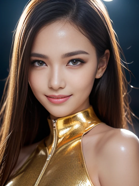 Latex bodysuit、Knee-high boots、Huge 、Long brown hair、Shiny, Oily skin、Glowing Skin、Indoor competition pool、White skin、 Body Portrait, 8k, Narrow and beautiful eyes, Dindal effect, masterpiece, 最high quality, high quality, High resolution, Very detailed photos, (Natural skin texture, Fine skin, Hyperrealism, Ultra Sharpness) , Skin with attention to detail, (Very fine, Fine skin texture, Intricate details, Beautiful Face, (A vivid face), Realistic eyes, Beautiful and detailed, Realistic Skin, Beautiful Skin, surreal, Very detailed, Golden Ratio, Smiling Eyes, ((Night moonlight background)), Body Portrait, glamorous, Shiny Bodysuit