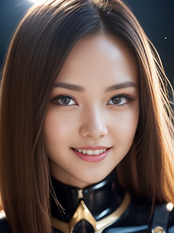 Latex bodysuit、Knee-high boots、Huge 、Long brown hair、Shiny, Oily skin、Glowing Skin、Indoor competition pool、White skin、 Body Portrait, 8k, Narrow and beautiful eyes, Dindal effect, masterpiece, 最high quality, high quality, High resolution, Very detailed photos, (Natural skin texture, Fine skin, Hyperrealism, Ultra Sharpness) , Skin with attention to detail, (Very fine, Fine skin texture, Intricate details, Beautiful Face, (A vivid face), Realistic eyes, Beautiful and detailed, Realistic Skin, Beautiful Skin, surreal, Very detailed, Golden Ratio, Smiling Eyes, ((Night moonlight background)), Body Portrait, glamorous, Shiny Bodysuit