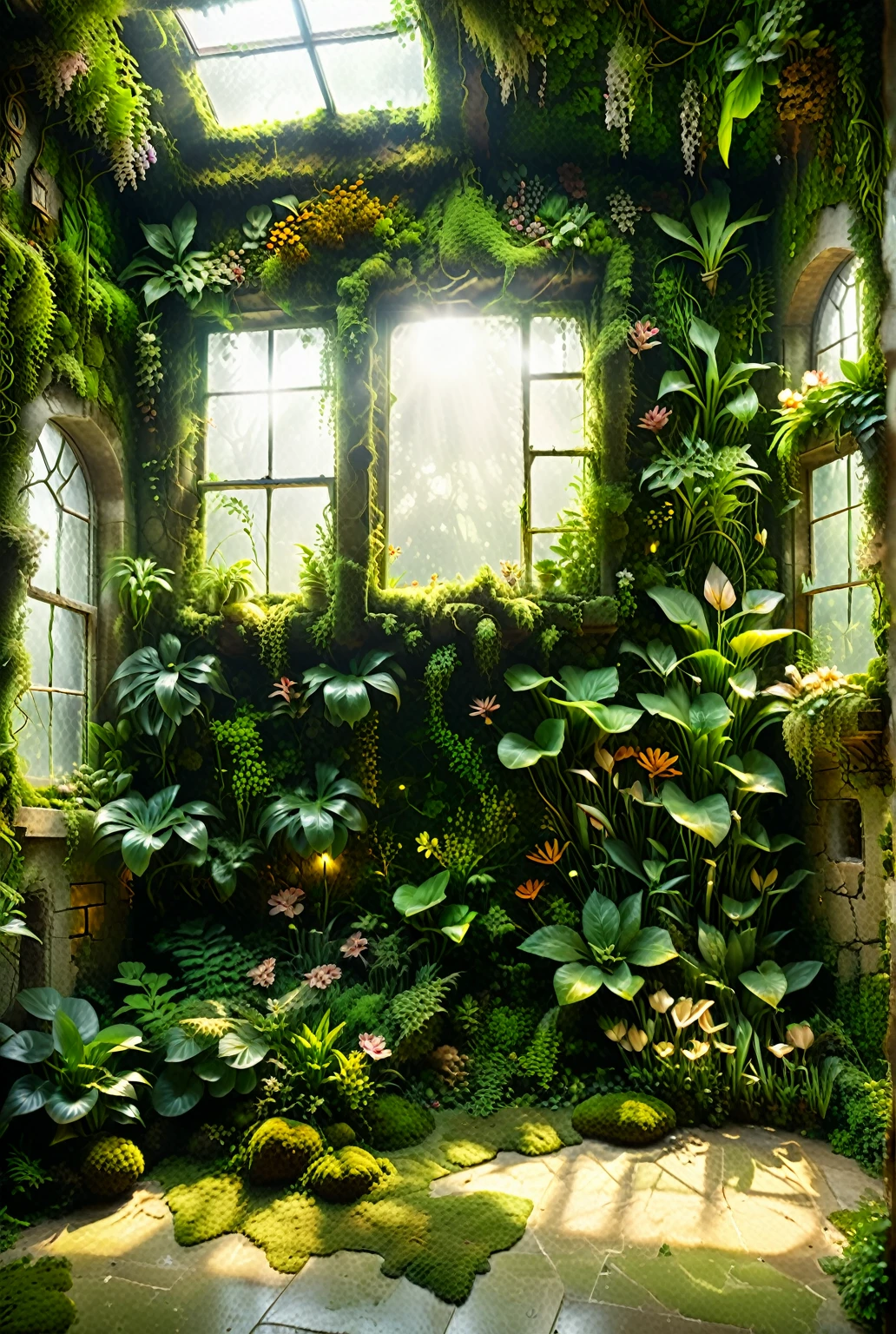 Masterpiece, 8k, 3D, (Realistic), Ultrafine photo, Best quality, Official art, Realistic realism, sun light,Top quality, re-detailed, ((fantasy concept)), ((old room in ancient age)), ((old room with full plants and flowers)), old room of old house made by woods and full plants, nature room, floor is made of full moss and plants, wall is made of full plant, overgrown plants, sunlight through windows, lots of flowers, ceiling is covered by full plants and moss, floating leaves, soft lighting, artistic, environmental art, nature-inspired, 