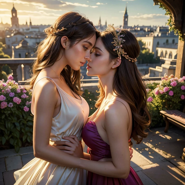 (masterpiece, best quality:1.5), highest quality, High resolution, super detailed, Realists, Upper body photo of brunette woman, detailed and beautiful eyes, beautiful detailed lips, very detailed eyes and face, longeyelashes, Woman in chiffon tank top, Beautiful and colorful makeup, elegant and noble々Pose,shiny satin headband, Grind, Holding flowers, Gardens as background, soft daylight, bright colors, fine brushstrokes, Portrait style, Noble details in the dress fabric, beautiful color palette, glowing skin, First-class rendering, that captures every detail, enchanting atmosphere, subtle shadows and lights, (perfect anatomy:1.2), (The two stunning women are deeply in love:1.4), (kiss:1.2), (magnificent panorama view:1.2)
