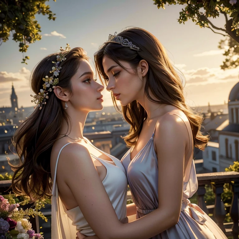 (​masterpiece, best quality:1.5), highest quality, High resolution, super detailed, Realists, Upper body photo of brunette woman, detailed and beautiful eyes, beautiful detailed lips, very detailed eyes and face, longeyelashes, Woman in chiffon tank top, Beautiful and colorful makeup, elegant and noble々Pose,shiny satin headband, Grind, Holding flowers, Gardens as background, soft daylight, bright colors, fine brushstrokes, Portrait style, Noble details in the dress fabric, beautiful color palette, glowing skin, First-class rendering, that captures every detail, enchanting atmosphere, subtle shadows and lights, (perfect anatomy:1.2), (The two stunning women are deeply in love:1.4), (kiss:1.2), (magnificent panorama view:1.2)