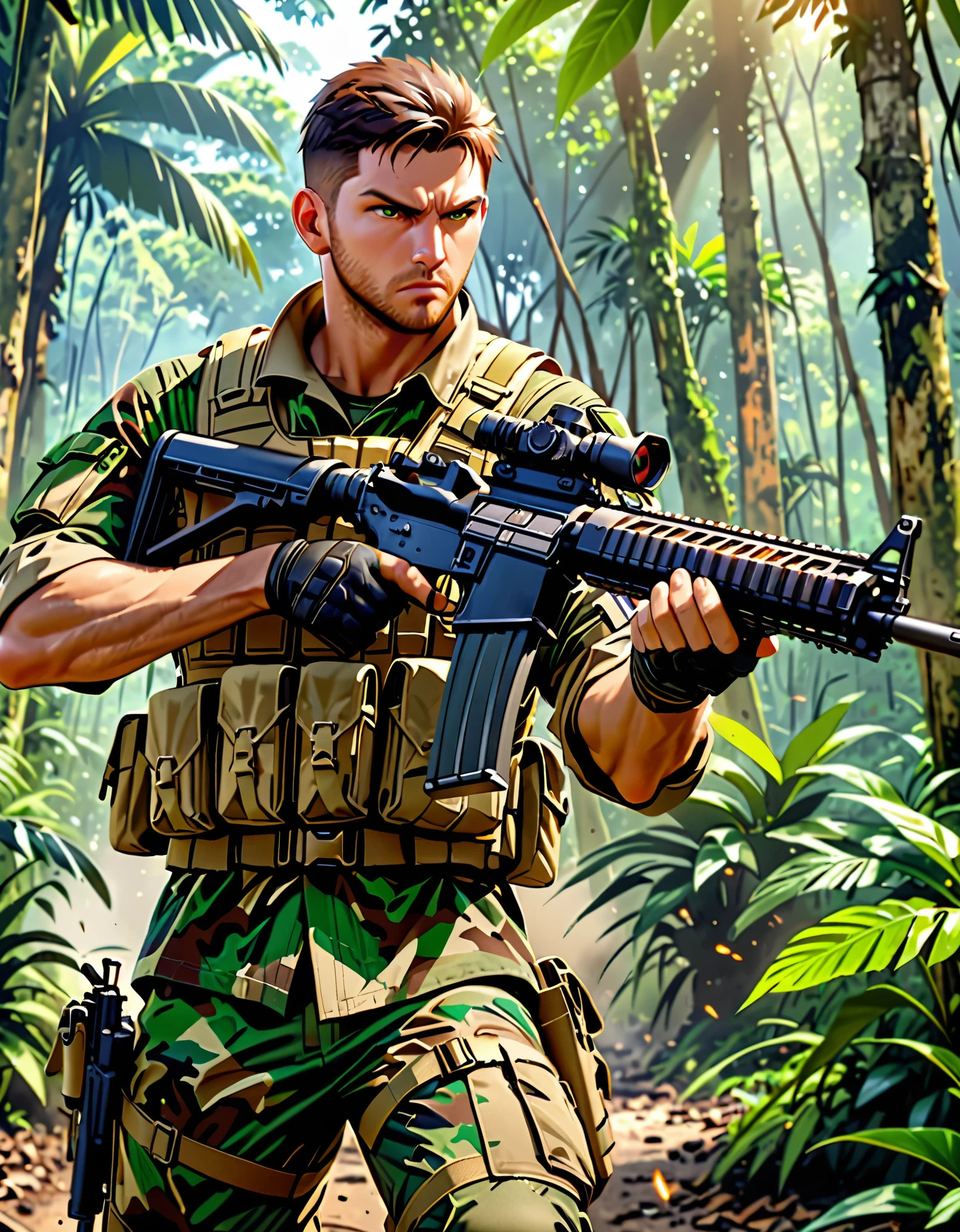 (masterpiece), (best quality), (highres), 1male, male focus, private military contractor, soldier, mercenary, jungle camouflage battle dress uniform, combat boots, (holding weapon, assault rifle), intense look on his face, brown hair, short hair, assault vest, jungle backdrop, gritty war setting, Cowboy Shot. Solo, Solo focus.