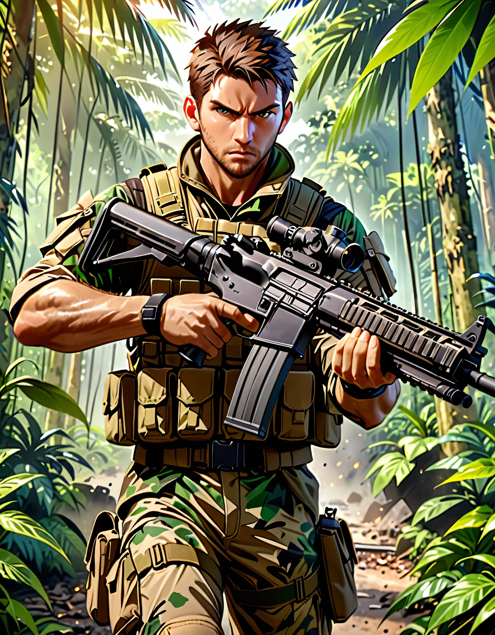 (masterpiece), (best quality), (highres), 1male, male focus, private military contractor, soldier, mercenary, jungle camouflage battle dress uniform, combat boots, (holding weapon, assault rifle), intense look on his face, brown hair, short hair, assault vest, jungle backdrop, gritty war setting, Cowboy Shot. Solo, Solo focus.