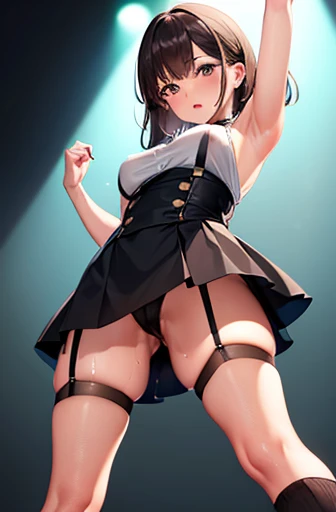 Brown Hair、Looking at the audience　　suspenders　　　bulging big breasts　　 　 　　　　Black mini skirt　garter belt　Knee-high socks　　　　　　sight　　　Small face　bangs 　　　　　beauty　　Show your hand　　 　sight 　Black boots 　Taunt　　Armpit sweat　One person 　　Place your hands behind your back　Dress shirt　　Panty shot