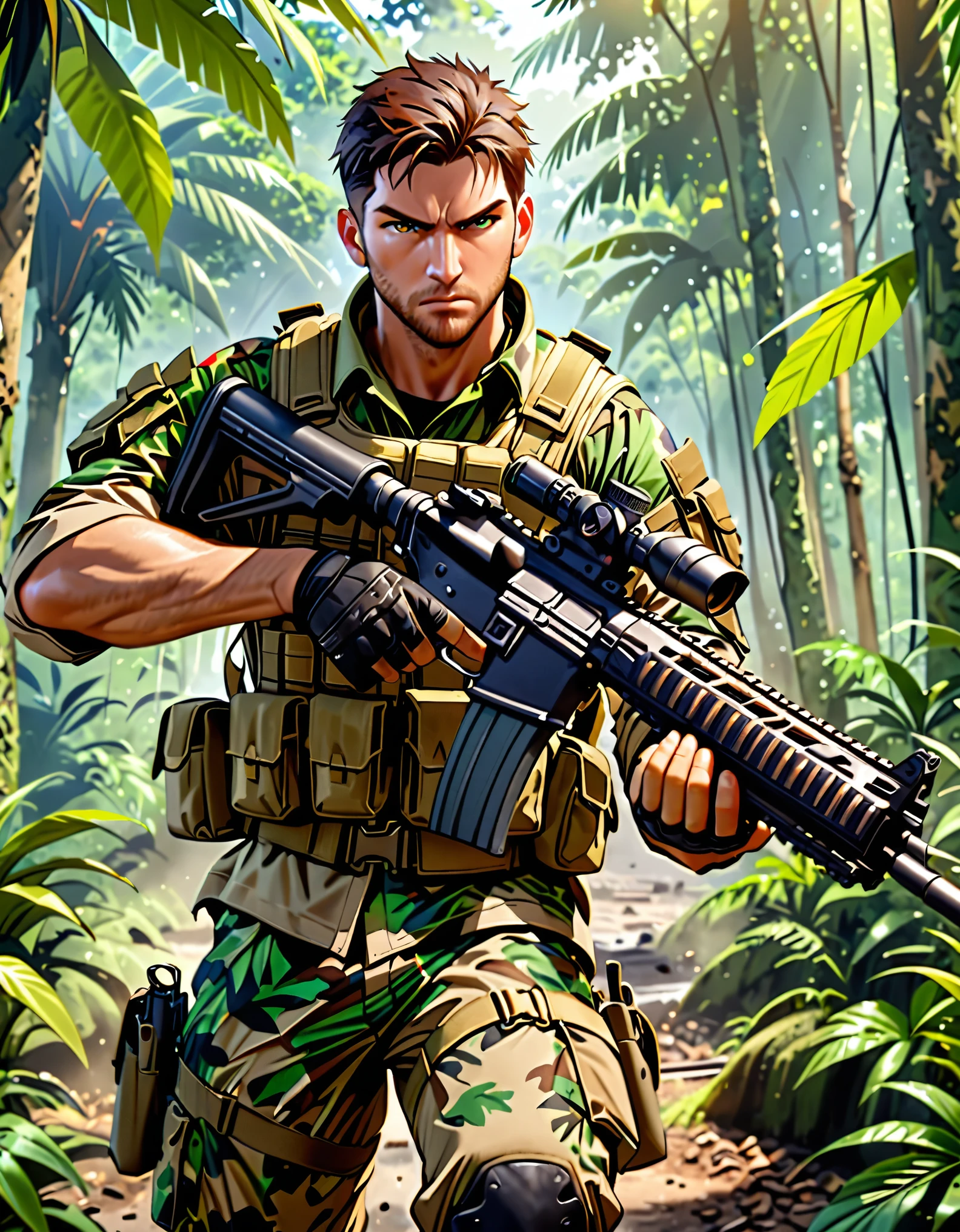 (masterpiece), (best quality), (highres), 1male, male focus, private military contractor, soldier, mercenary, jungle camouflage battle dress uniform, combat boots, (holding weapon, assault rifle), intense look on his face, brown hair, short hair, assault vest, jungle backdrop, gritty war setting, Cowboy Shot. Solo, Solo focus.