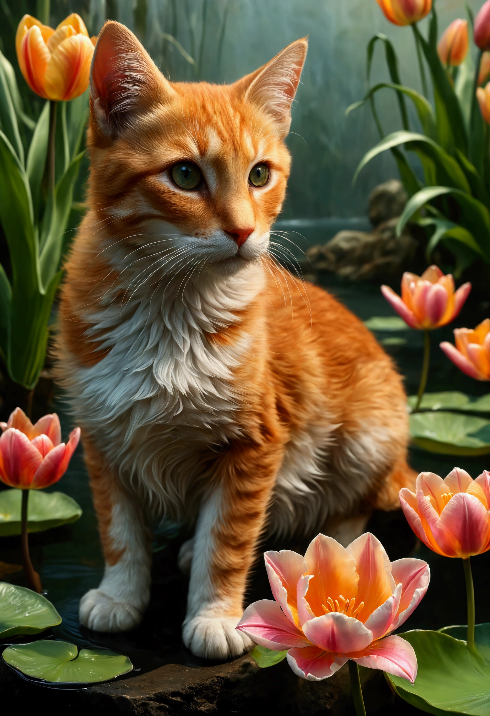 ((Masterpiece in maximum 16K resolution):1.6),((soft_color_photograpy:)1.5), ((Ultra-Detailed):1.4),((Movie-like still images and dynamic angles):1.3). | (Macro shot cinematic photo of beautiful female in a pond full of tulip), (Beautiful Female), (a pond full of tulip), (focus on the pond full of tulip), (macro lens), (exotic antiques), (glowing tulips), (luminous object), (Mysterious atmosphere), (shimmer), (aesthetic bath room accesories), (visual experience),(Realism), (Realistic),award-winning graphics, dark shot, film grain, extremely detailed, Digital Art, rtx, Unreal Engine, scene concept anti glare effect, All captured with sharp focus. | Rendered in ultra-high definition with UHD and retina quality, this masterpiece ensures anatomical correctness and textured skin with super detail. With a focus on high quality and accuracy, this award-winning portrayal captures every nuance in stunning 16k resolution, immersing viewers in its lifelike depiction. | ((perfect_composition, perfect_design, perfect_layout, perfect_detail, ultra_detailed)), ((enhance_all, fix_everything)), More Detail, Enhance.