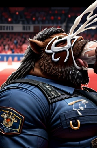 Super muscular adult boar beastman,(Wear a full uniform:1.7),Open your mouth and stick out your tongue,Surrounded by penislarge amount of semen on the and body,:1.6),wrestling,(Deep Throat:1.3)ng piercing:1.3),C from huge red and black enis,scrotum,(Masked:1.5),Brown fack had bearjob),Hands behind back