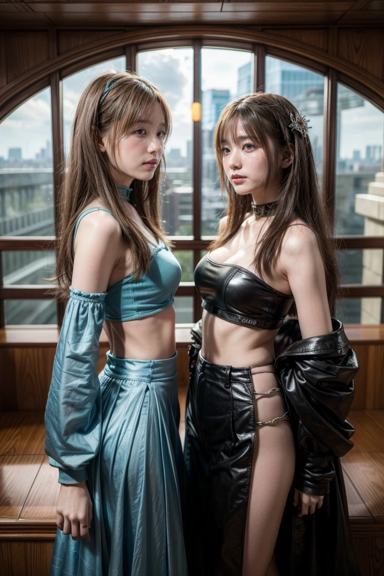 two women, twins, in costumes are standing in a room, as lady mechanika, static Prometheus frame, blue body paint, cyberpunk ornaments, Aztec Empress, cinematic details, guards, balcony scene, solarpunk, by Leon Wyczółkowski, sisters, Japanese cgi, Kazakh empress, character close-up