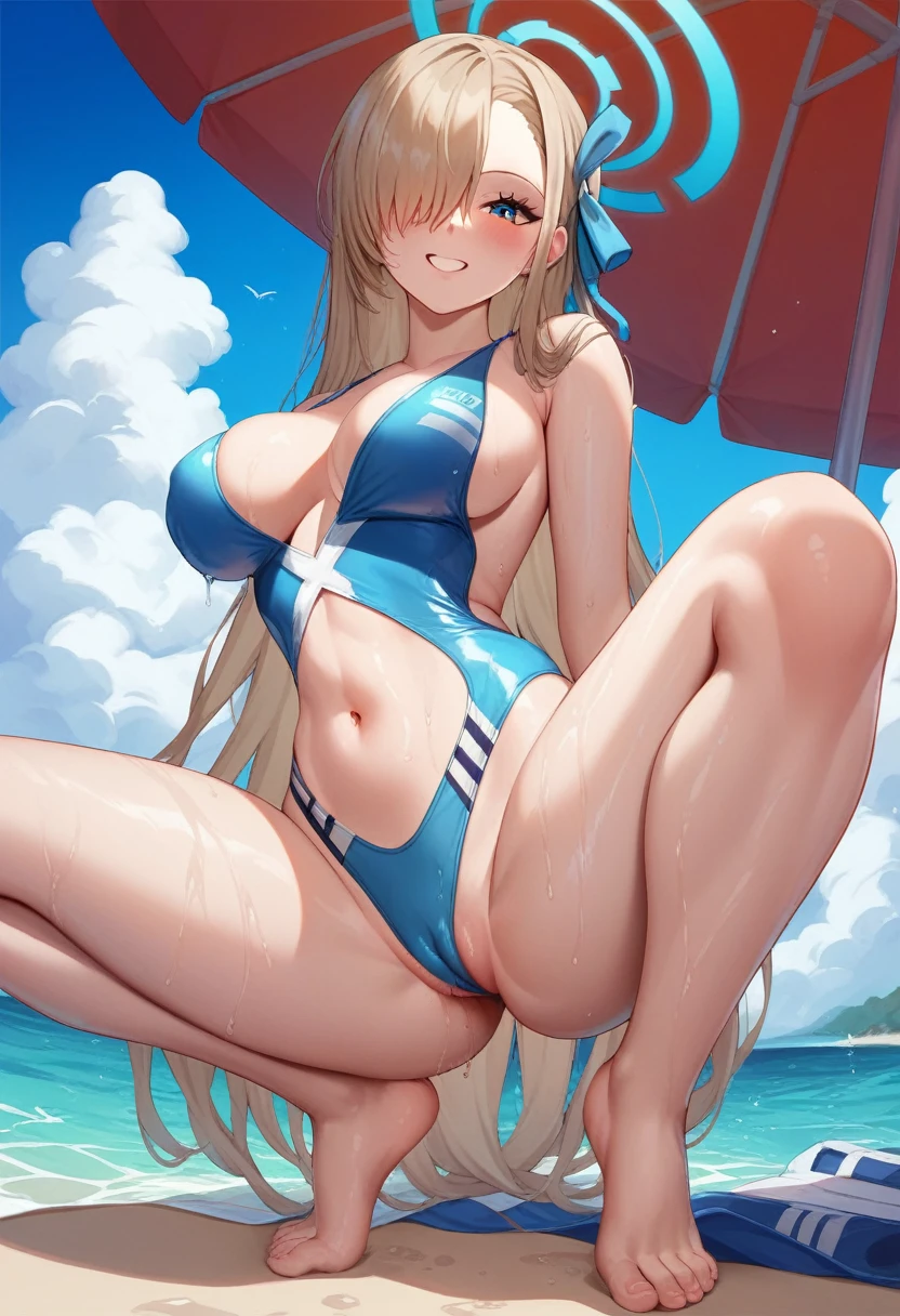 Asuna (Blue Archive), 1 female, solo, long hair, breasts, looking at viewer, blushing, bangs, blue eyes, ribbon, belly button, swimsuit, hair ribbon, thighs, outdoors, sky, barefoot, alternative costume, daytime, clouds, water, stomach, mole, hair over one eye, blue sky, wet, minimal cover monokini micro V-shaped G-string one piece swimsuit

, ocean, halo, beach, squatting, light brown hair, blue minimal cover monokini micro V-shaped G-string one piece swimsuit

, partially visible vulva, accentuated breasts