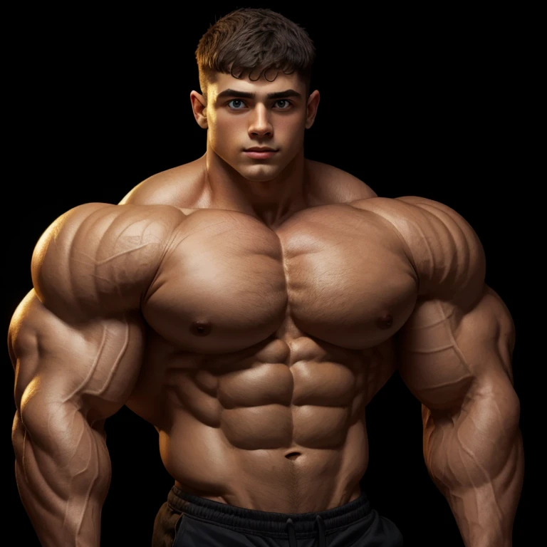 a young man, short hair, shirtless, big eyes, massively muscular, massively big muscles, on a black background