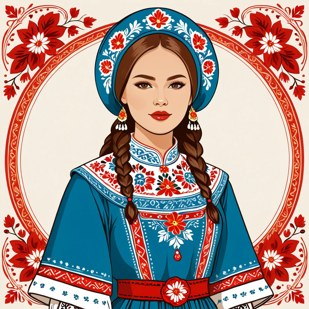 woman in russia folk outfit, vector graphics, strong contours