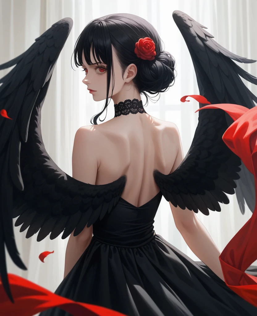 Pale white skin , black wings at back , long black hair , red crimson eyes and black one piece dress which hugged her seductive curves and look of innocent aura around her. Anime style
