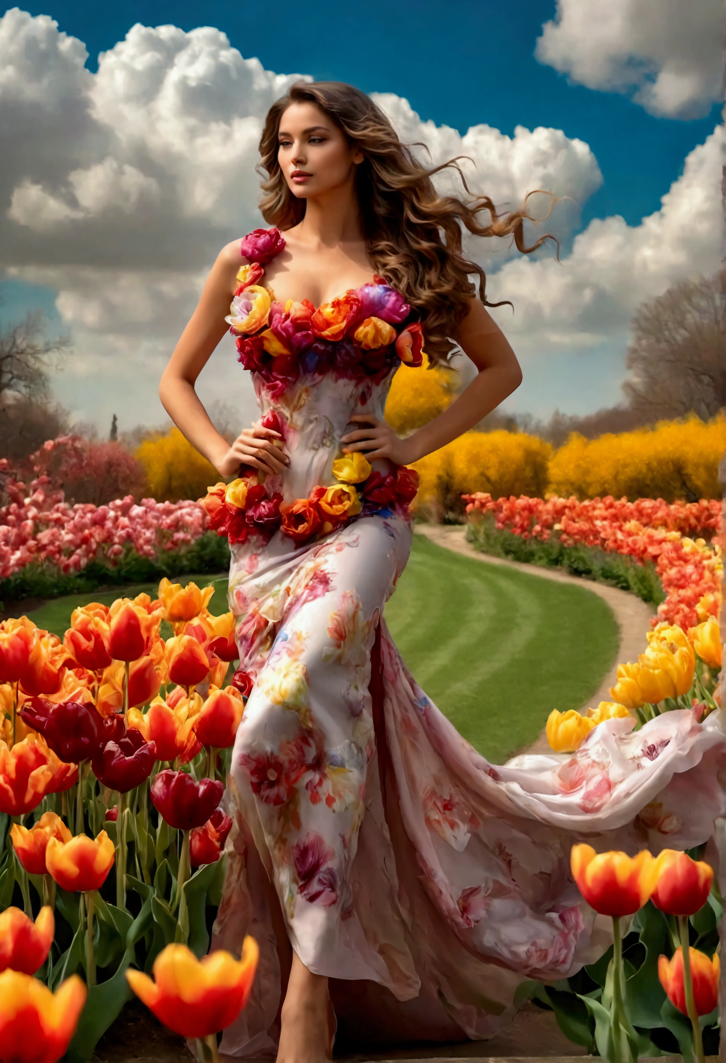 Beautiful woman, long hair, loose curls, graceful pose, the dress made of tulips, tulips in 10 colours, vibrant colours, silhouette flowing along body, graceful pose, flower garden, mysterious atmosphere, detailed petals, graceful, elegant, flower garden, sky, clouds, sophisticated, digital art, artwork, HDR, Masterpiece, Best Quality, high Detailes, 8K