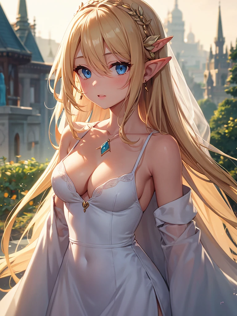 1 girl, Beautiful elven woman, Long straight blonde hair, Upturned elven pointed ears, Sexy appearance, Hot body, Perfect breasts, Attractive cleavage, Very beautiful face, Detailed顔, Delicate eyes, Detailed瞳孔, Beautiful and delicate lips, Pale skin, A slight blush, shy, heart, in love, White Camisole Long Skirt, simple and stylish, small crystal earrings, Hand-drawn animation, (Portraiture:1.3), Detailed, Outdoor, Symmetrical clothing, Highest quality, masterpiece,