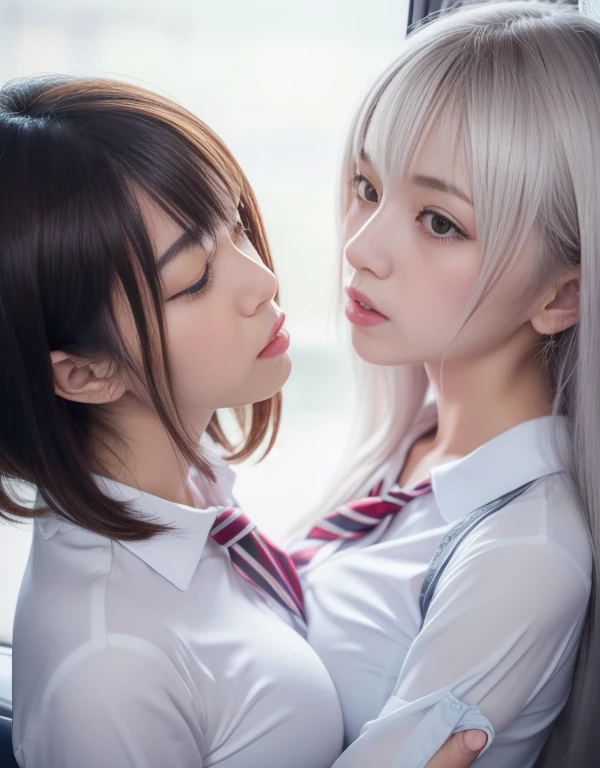 8k,masterpiece,Japanese,best quality, two (schoolgirls:1.1), (kiss:1.2), reluctantly, on crowded train, (breasts:1.3) , (shirt:1.5)
