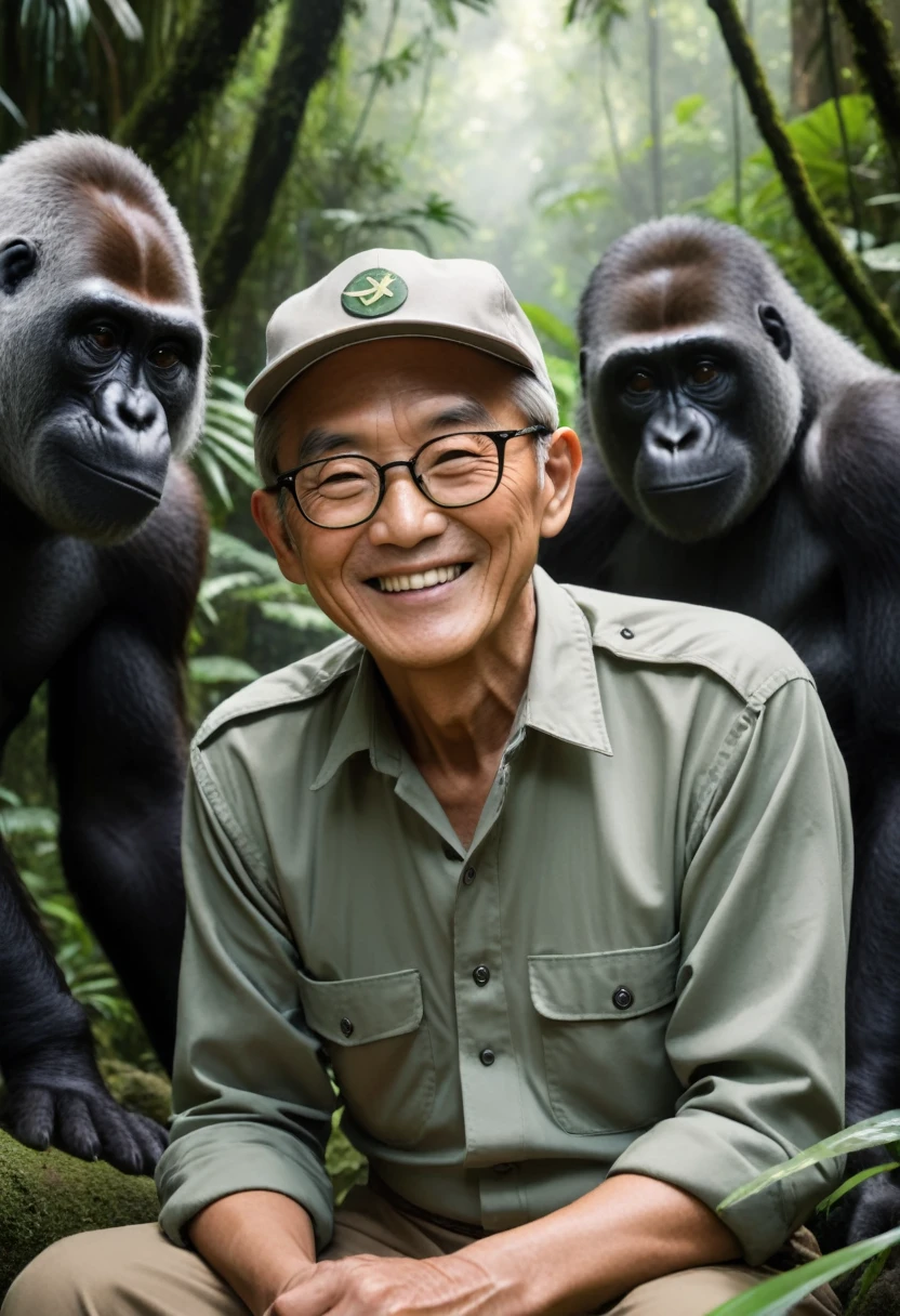 A 75-year-old Japanese male ranger and a gorilla sitting together in a jungle, The man has an average build with a long face, light gray slicked-back hair, wearing thin-rimmed square glasses and a baseball cap, The man is smiling affectionately at the gorilla, The background is the jungle, there are several gorillas and smaller gorillas behind the man., (realistic), looking down, (full body), Expansive vista, wide shot, Wide-Angle, (Panorama), Canon, masterpiece, accurate, high quality, best quality, high details, 8k