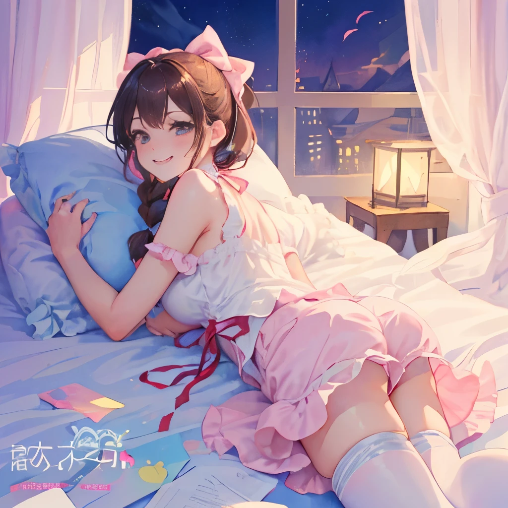 (Super detailed:0.7)、Cover image、(Soft pastel tones、watercolor、(Bright colors:1.3)、Transparency、Gradation、A harmonious and calm atmosphere:1.1)、Girly Bedroom、Pastel pink bed、
BREAK
(1 braidのかわいい女の子:1.2), (Dark brown hair, (Low Ponytail, 1 braid), Braids with ribbon), , Light brown eyes, Droopy eyes, Glasses, smile, Large Breasts, Big Ass, happiness, smile, (Pastel pink ruffled camisole, Big ribbon, Multi-ruffle shorts, White Stockings), Lying in bed