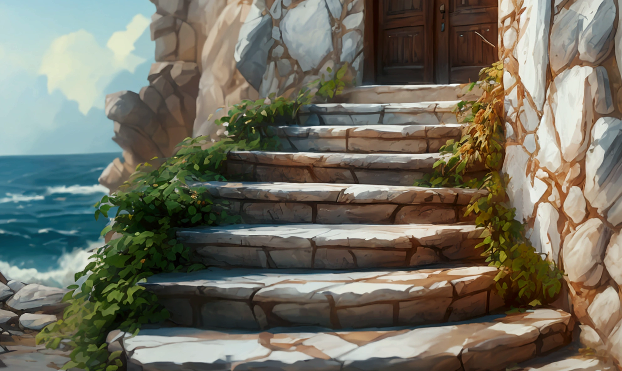 I want a scene of an old staircase, with the seas around this staircase made of stone, At the end of the stairs there is a refined wooden door, a little worn and written "Base kirai kinitsu de nume 06". captured in an ultra-realistic full HD 4K portrait, detailed texture showing its menacing shape, Immersive atmosphere, high definition shadow play, digitalpainting, nevoa no environment. suspense dinner.