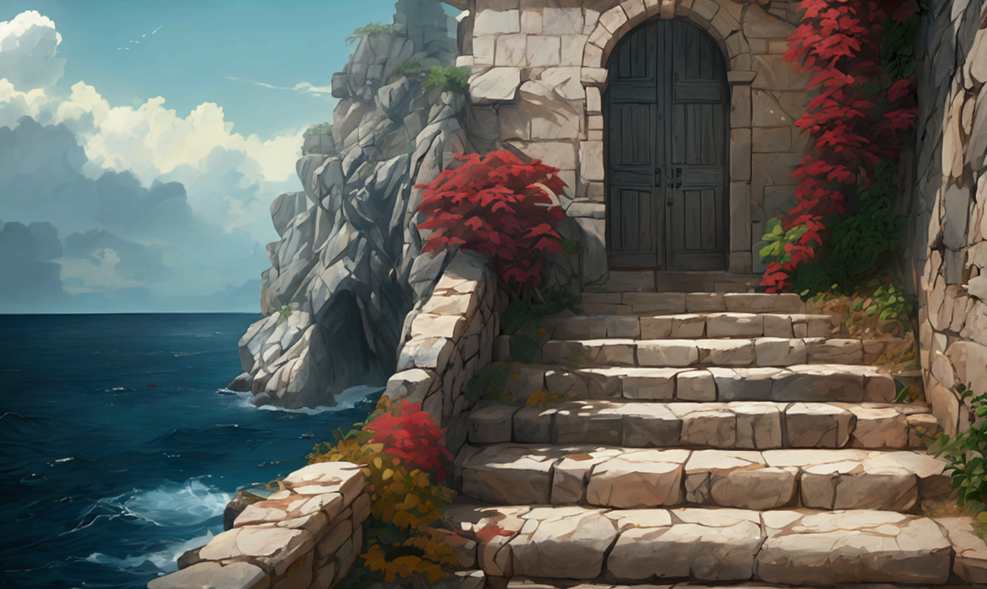 I want a scene of an old staircase, with the seas around this staircase made of stone, At the end of the stairs there is a refined wooden door, a little worn and written "Base kirai kinitsu de nume 06". captured in an ultra-realistic full HD 4K portrait, detailed texture showing its menacing shape, Immersive atmosphere, high definition shadow play, digitalpainting, nevoa no environment. suspense dinner.