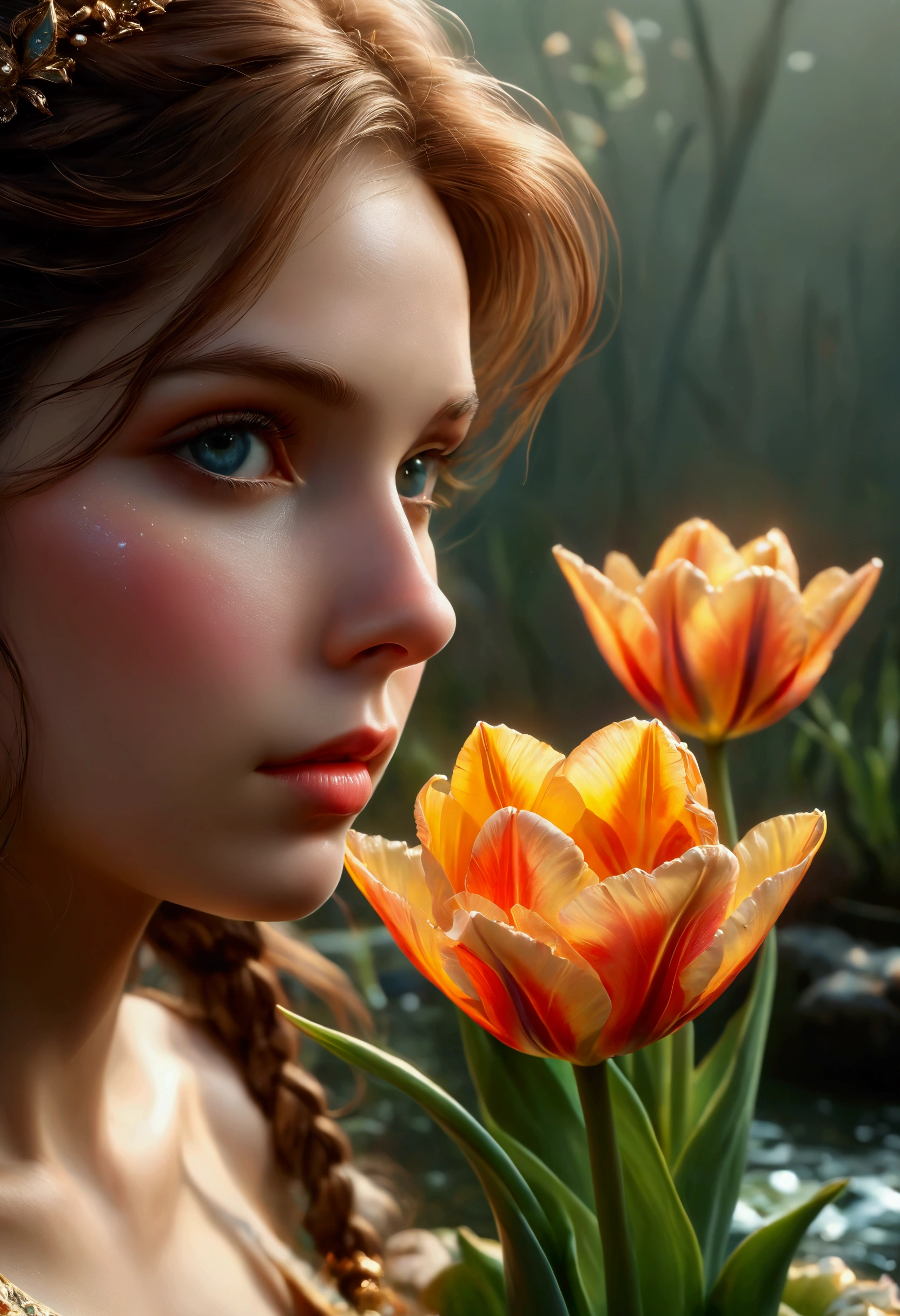 ((Masterpiece in maximum 16K resolution):1.6),((soft_color_photograpy:)1.5), ((Ultra-Detailed):1.4),((Movie-like still images and dynamic angles):1.3). | (Macro shot cinematic photo of beautiful female in a pond full of tulip), (Beautiful Female), (a pond full of tulip), (focus on the pond full of tulip), (macro lens), (exotic antiques), (glowing tulips), (luminous object), (Mysterious atmosphere), (shimmer), (aesthetic bath room accesories), (visual experience),(Realism), (Realistic),award-winning graphics, dark shot, film grain, extremely detailed, Digital Art, rtx, Unreal Engine, scene concept anti glare effect, All captured with sharp focus. | Rendered in ultra-high definition with UHD and retina quality, this masterpiece ensures anatomical correctness and textured skin with super detail. With a focus on high quality and accuracy, this award-winning portrayal captures every nuance in stunning 16k resolution, immersing viewers in its lifelike depiction. | ((perfect_composition, perfect_design, perfect_layout, perfect_detail, ultra_detailed)), ((enhance_all, fix_everything)), More Detail, Enhance.