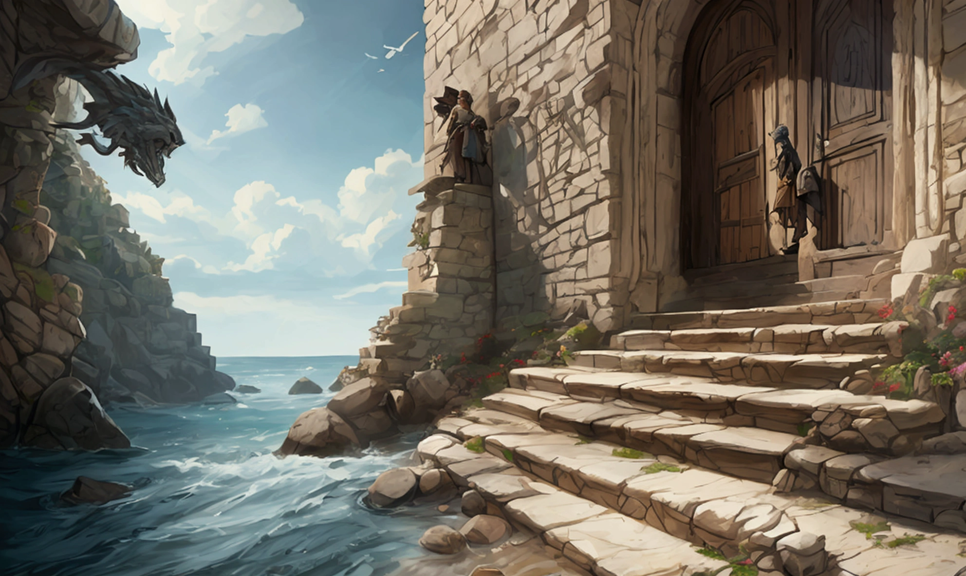 I want a scene of an old staircase, with the seas around this staircase made of stone, At the end of the stairs there is a refined wooden door, a little worn and written "Base kirai kinitsu de nume 06". captured in an ultra-realistic full HD 4K portrait, detailed texture showing its menacing shape, Immersive atmosphere, high definition shadow play, digitalpainting, nevoa no environment. suspense dinner. Poor lighting in the environment.
